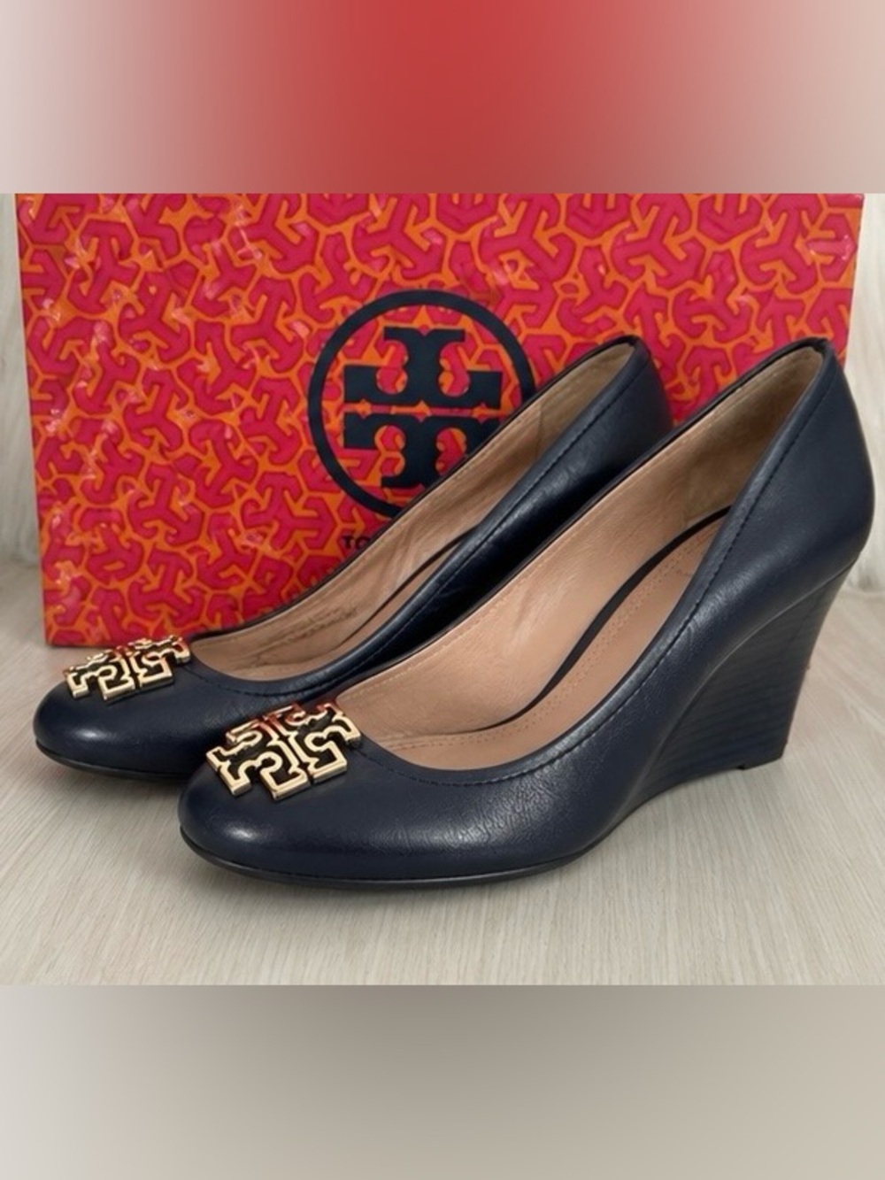 Tory Burch Black Leather Heels with Gold Logo